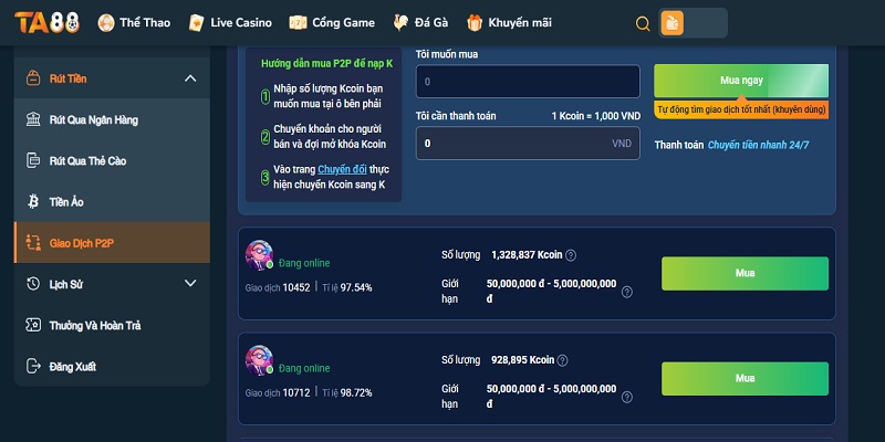 Hình thức rút tiền TA88 bằng giao dịch P2P